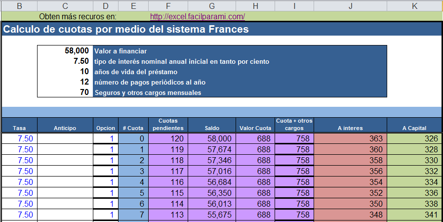 Hoja para calculo de cuotas en excel