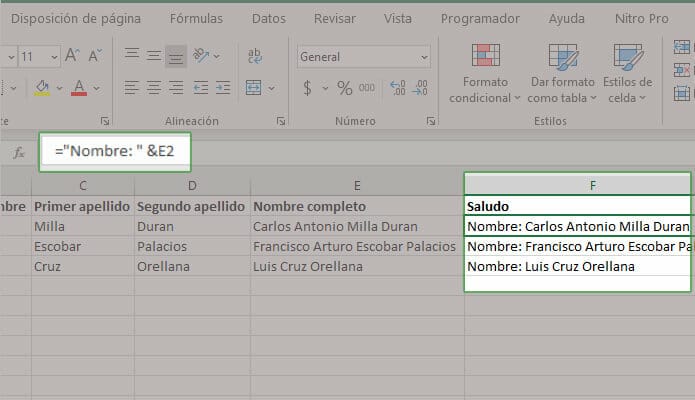 Método abreviado para concatenar en Excel