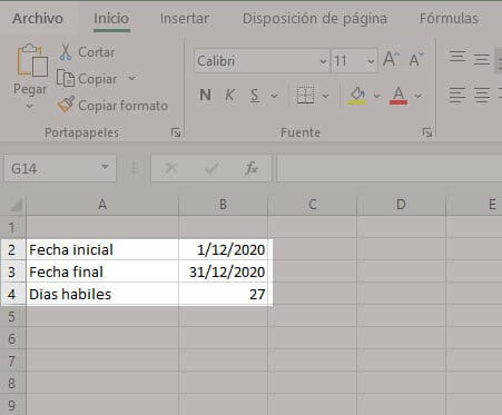 Contar días hábiles entre 2 fechas en Excel