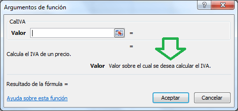 Imagen Descripción de los parámetros en funcion VBA