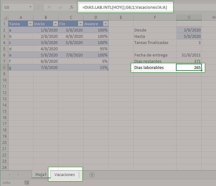Calcular días hábiles hasta la fecha de entrega en Excel