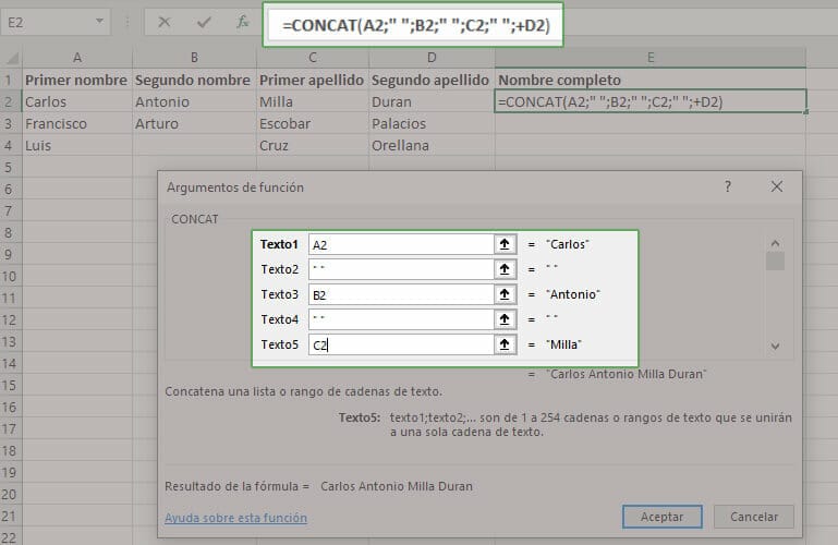 Ejemplo de funcion CONCAT en Excel