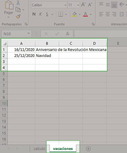 Agregar dias de asueto en hoja de Excel