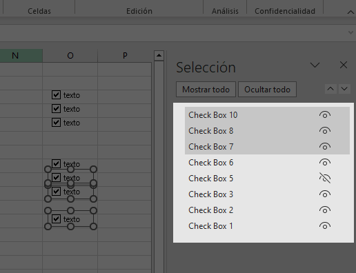 Seleccionar checkbox en Excel usando el panel de selección.