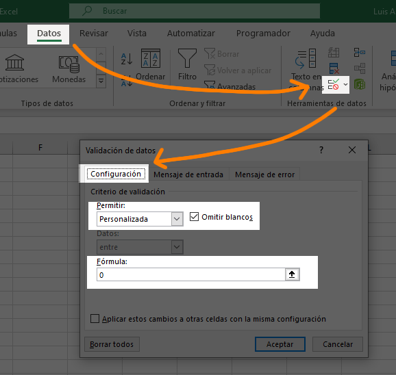Proteger una celda de Excel para que no se pueda modificar su fórmula usando una validación
