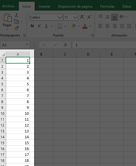 Ejemplo de hoja de Excel con series de números.