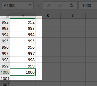 Ahora Excel ha rellenado las celdas desde el número 1 hasta el 1,000