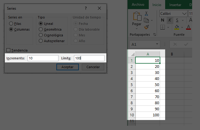 Series con incrementos de 10 en 10, en Excel