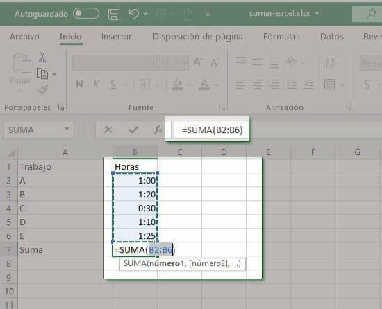 Sumar horas usando la autosuma de Excel